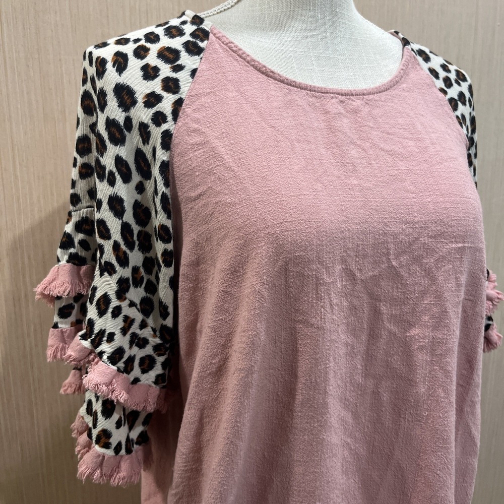 Umgee Blouse Womens Large Pink Leopard Ruffle Short Sleeve Boho Tunic Top Shirt - Picture 2 of 8